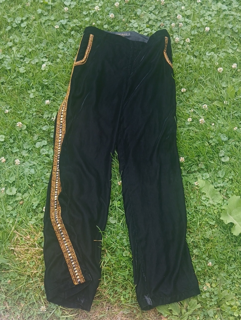 Carolina K Black Velvet High Rise Wide-Leg Pants with Gold Trim - Picture 1 of 7